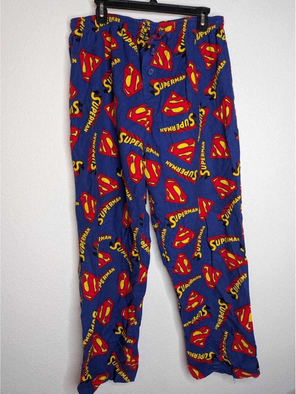 Superman Logo 100% cotton Flannel Pajama Pants Blue Red Yellow Men's XL